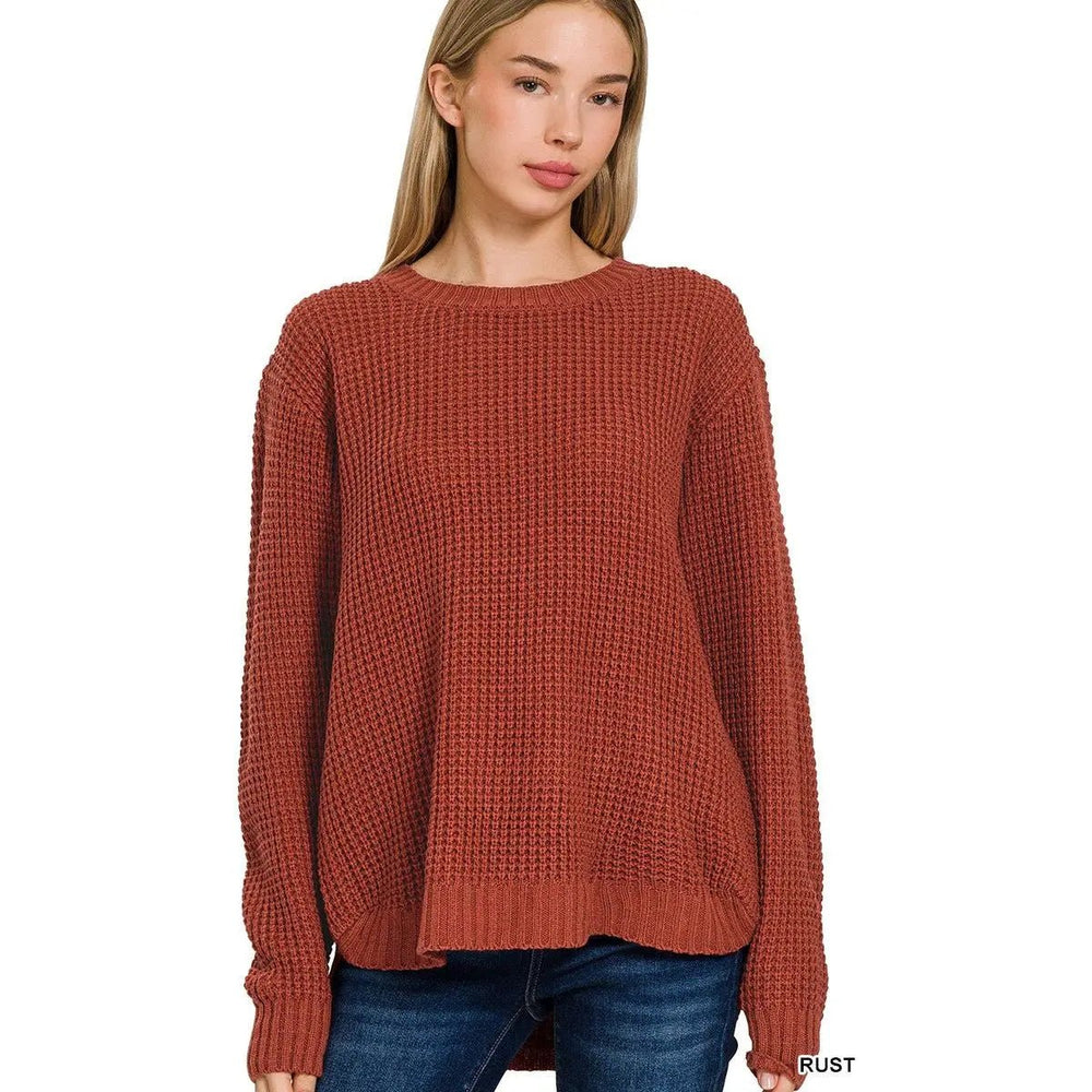 Hi - low Long Sleeve Round Neck Waffle Sweater - LECCE