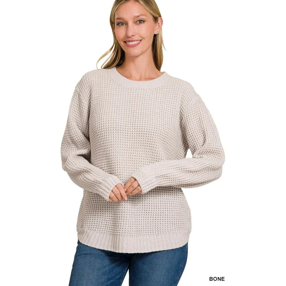 Hi - low Long Sleeve Round Neck Waffle Sweater - LECCE