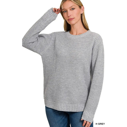 Hi - low Long Sleeve Round Neck Waffle Sweater - LECCE
