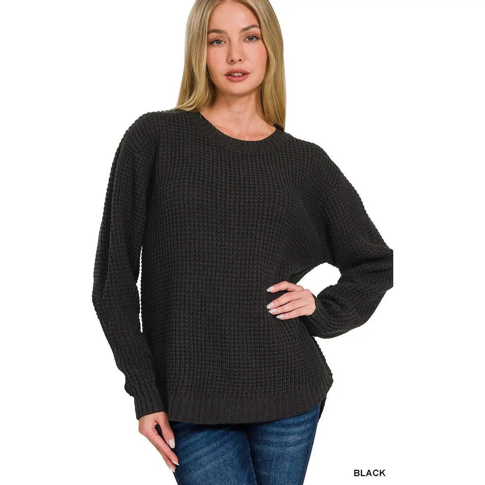 Hi - low Long Sleeve Round Neck Waffle Sweater - LECCE