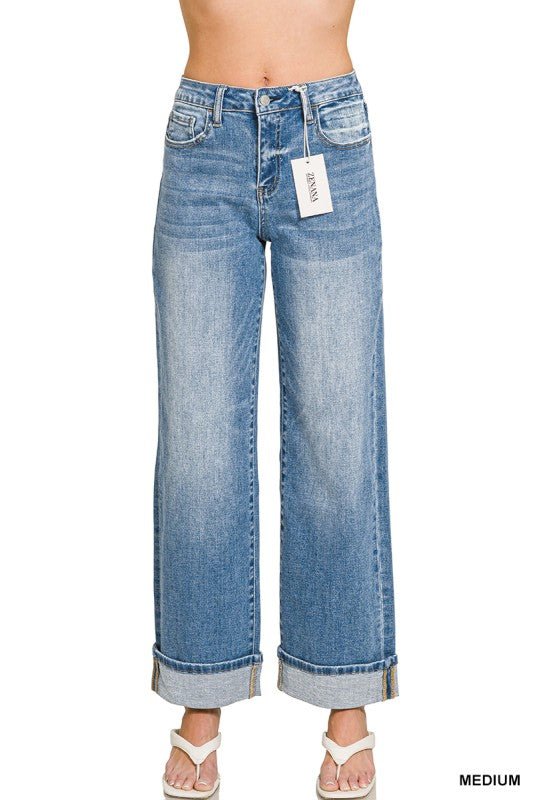 High Rise Cuffed Wide Leg Denim Pants - LECCE