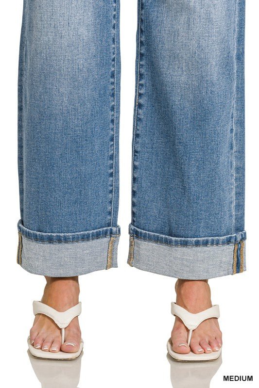 High Rise Cuffed Wide Leg Denim Pants - LECCE