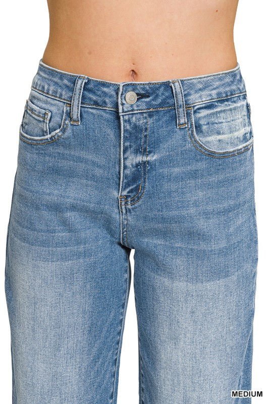 High Rise Cuffed Wide Leg Denim Pants - LECCE