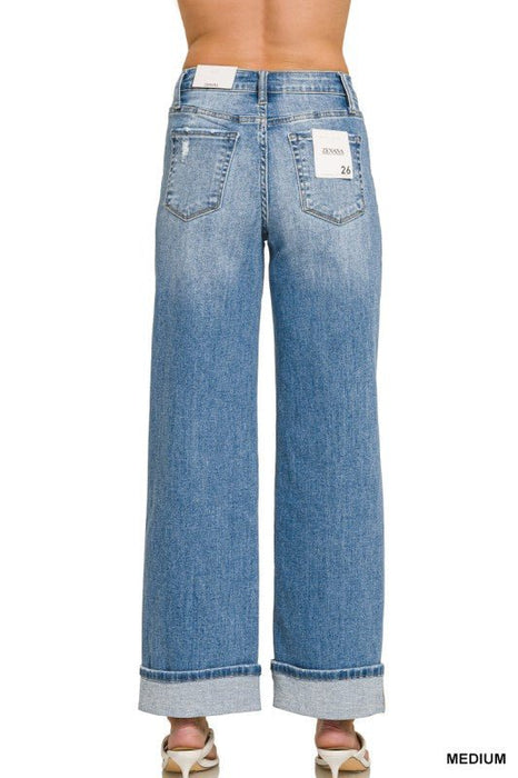 High Rise Cuffed Wide Leg Denim Pants - LECCE