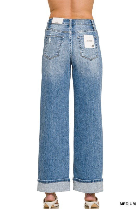 High Rise Cuffed Wide Leg Denim Pants - LECCE