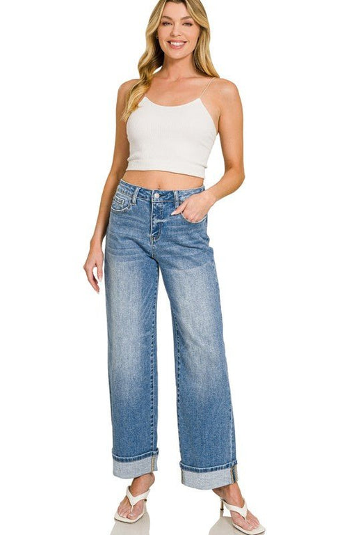 High Rise Cuffed Wide Leg Denim Pants - LECCE