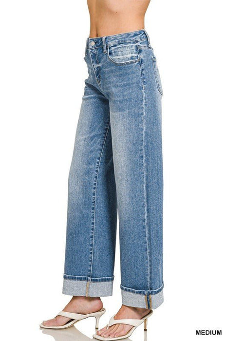 High Rise Cuffed Wide Leg Denim Pants - LECCE