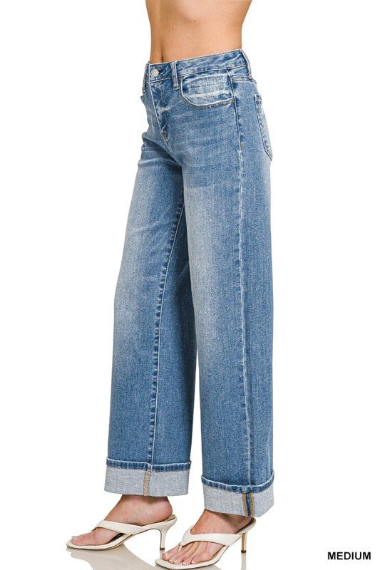 High Rise Cuffed Wide Leg Denim Pants - LECCE