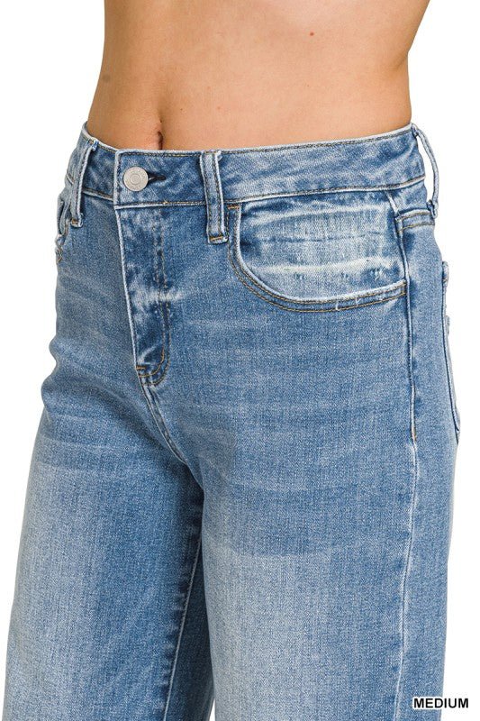 High Rise Cuffed Wide Leg Denim Pants - LECCE
