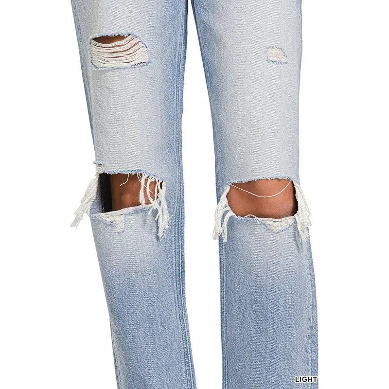 High Rise Distressed Straight Leg Jeans - LECCE