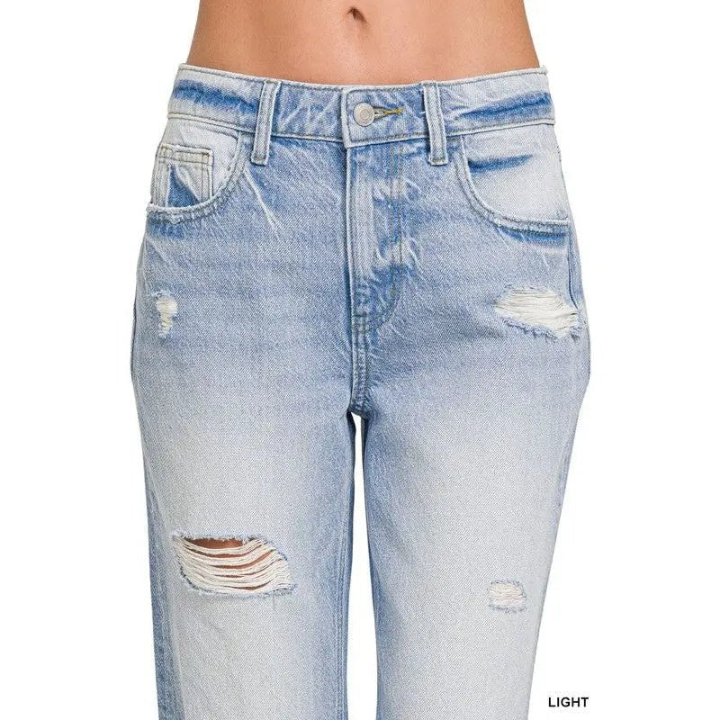High Rise Distressed Straight Leg Jeans - LECCE