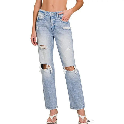 High Rise Distressed Straight Leg Jeans - LECCE