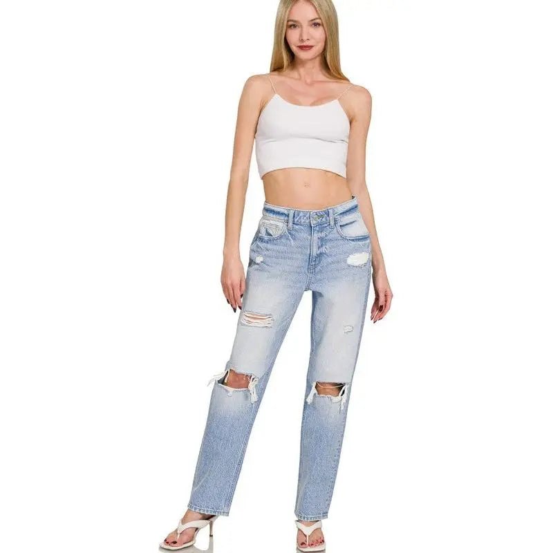 High Rise Distressed Straight Leg Jeans - LECCE