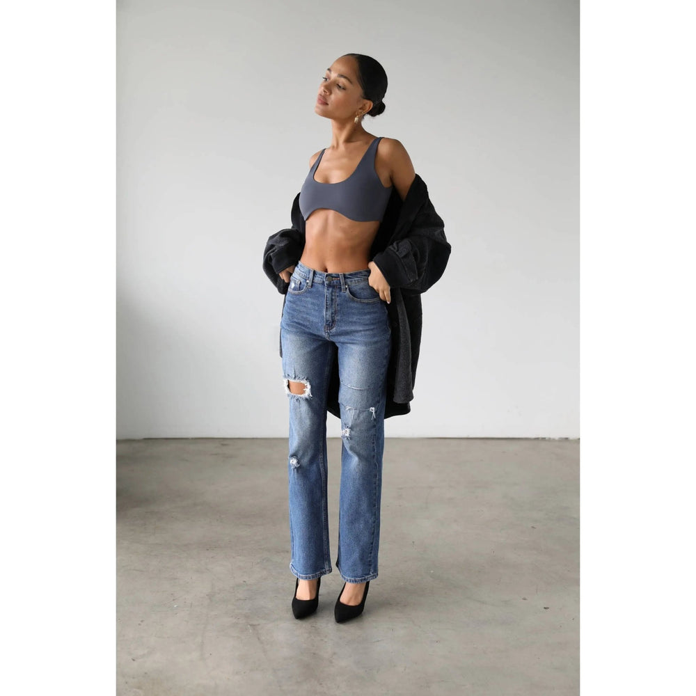 High Rise Straight Leg Denim Jeans - Dark - LECCE