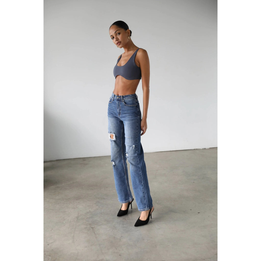 High Rise Straight Leg Denim Jeans - Dark-
