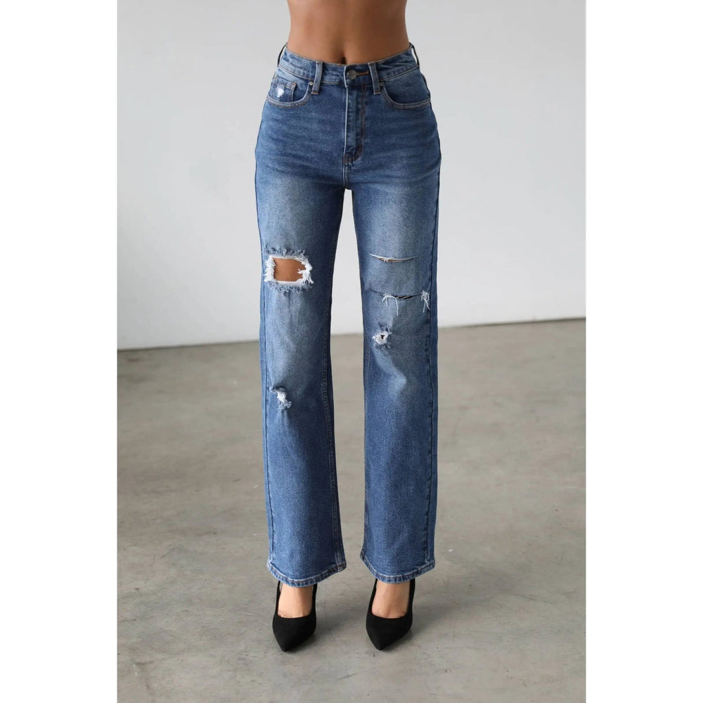 High Rise Straight Leg Denim Jeans - Dark - LECCE