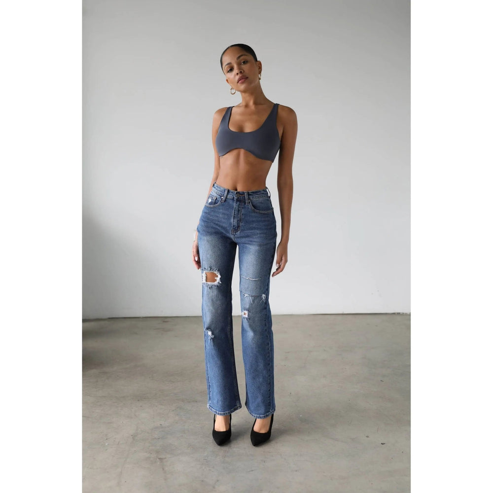 High Rise Straight Leg Denim Jeans - Dark - LECCE