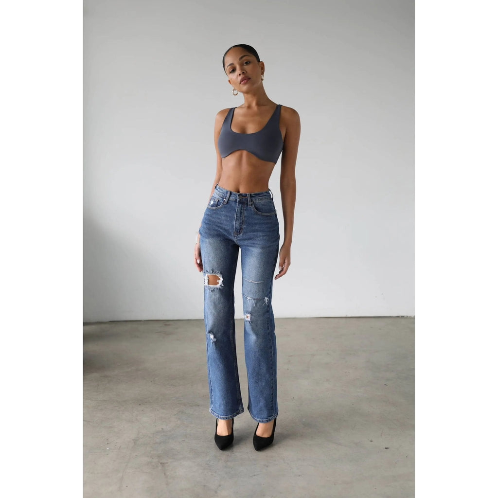 High Rise Straight Leg Denim Jeans - Dark-