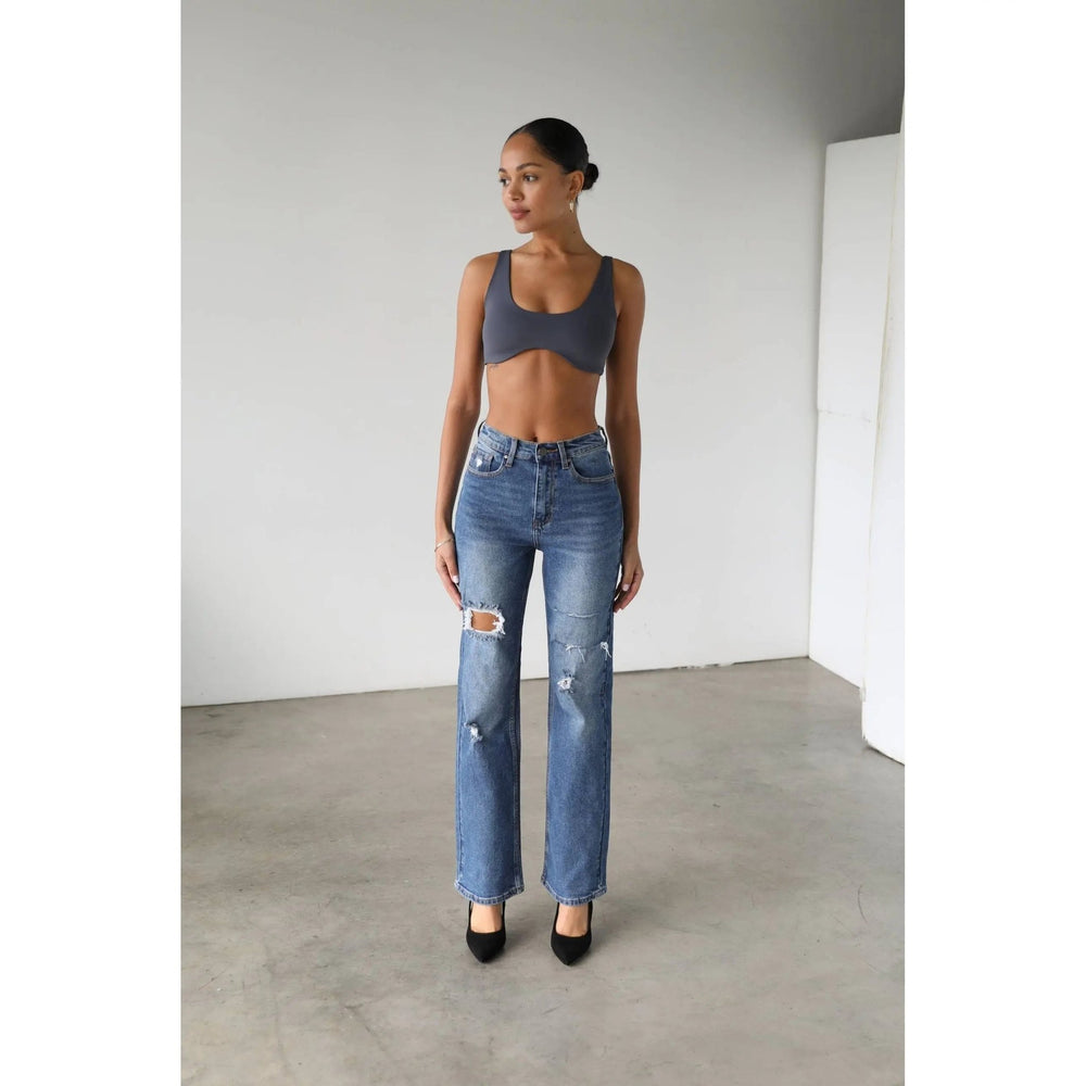 High Rise Straight Leg Denim Jeans - Dark - LECCE