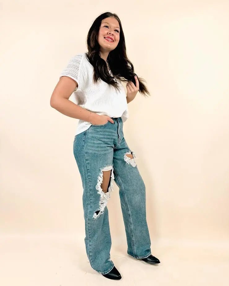 High Rise Straight Wide Leg Denim Jeans - LECCE