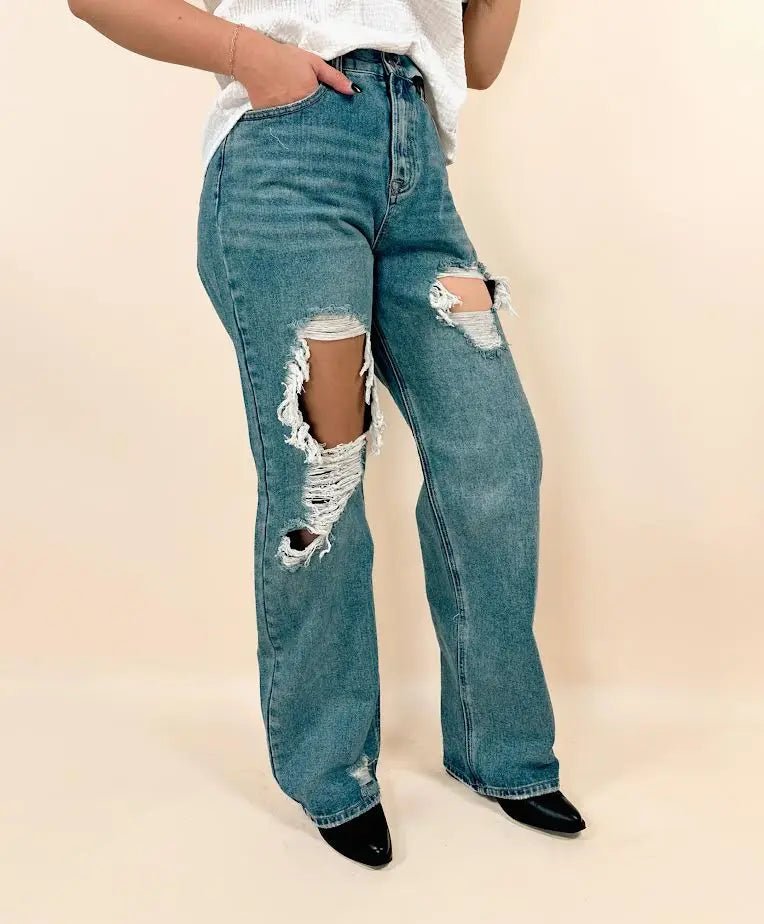 High Rise Straight Wide Leg Denim Jeans - LECCE
