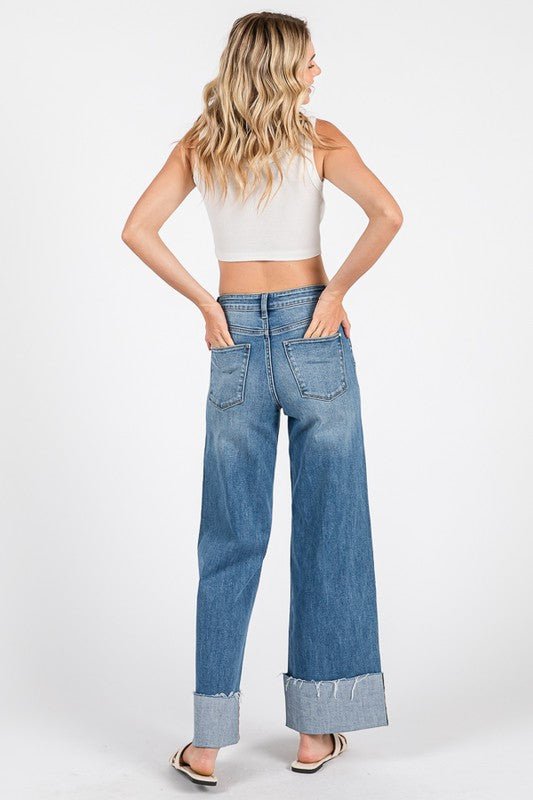 High Rise Wide Leg Jeans with Cuffed Hem - LECCE