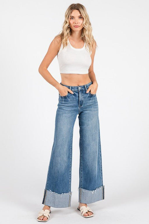 High Rise Wide Leg Jeans with Cuffed Hem - LECCE
