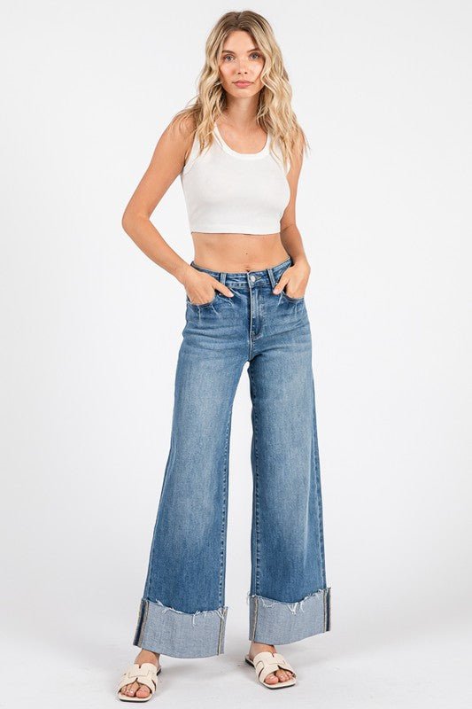 High Rise Wide Leg Jeans with Cuffed Hem