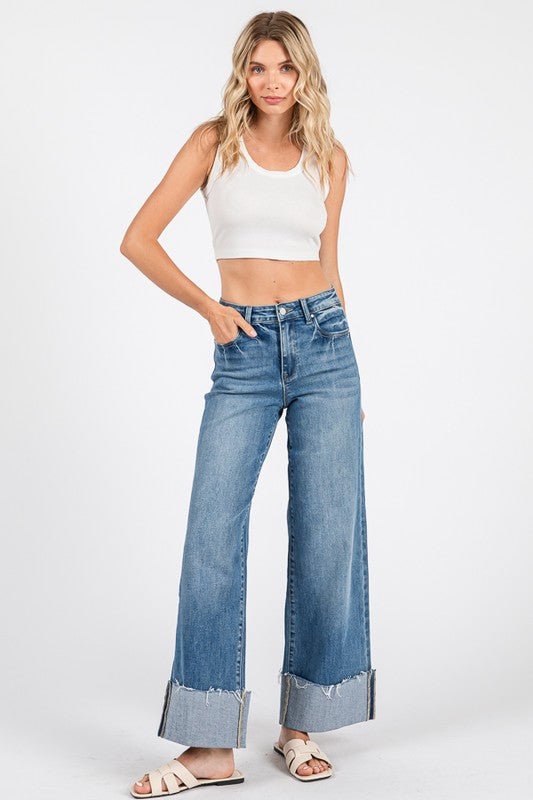 High Rise Wide Leg Jeans with Cuffed Hem