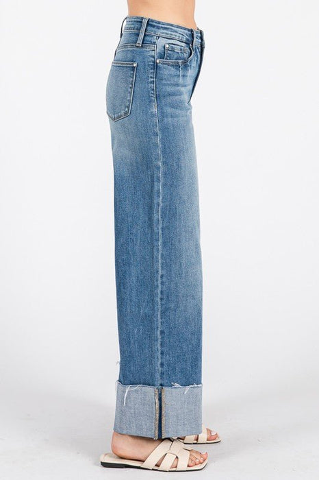 High Rise Wide Leg Jeans with Cuffed Hem - LECCE