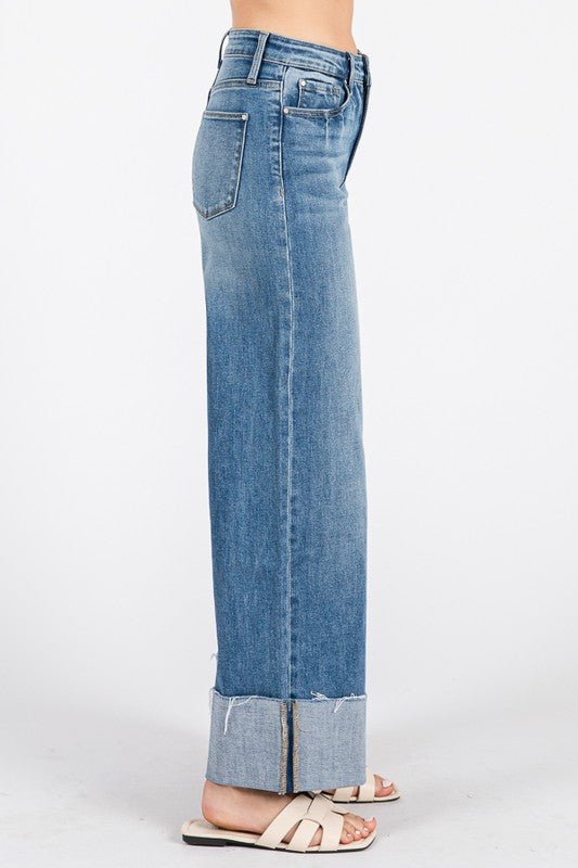 High Rise Wide Leg Jeans with Cuffed Hem - LECCE