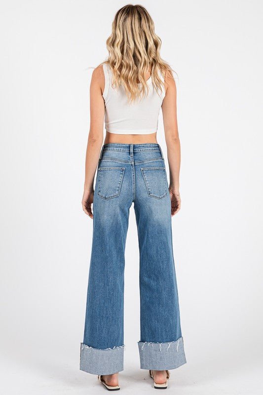 High Rise Wide Leg Jeans with Cuffed Hem - LECCE