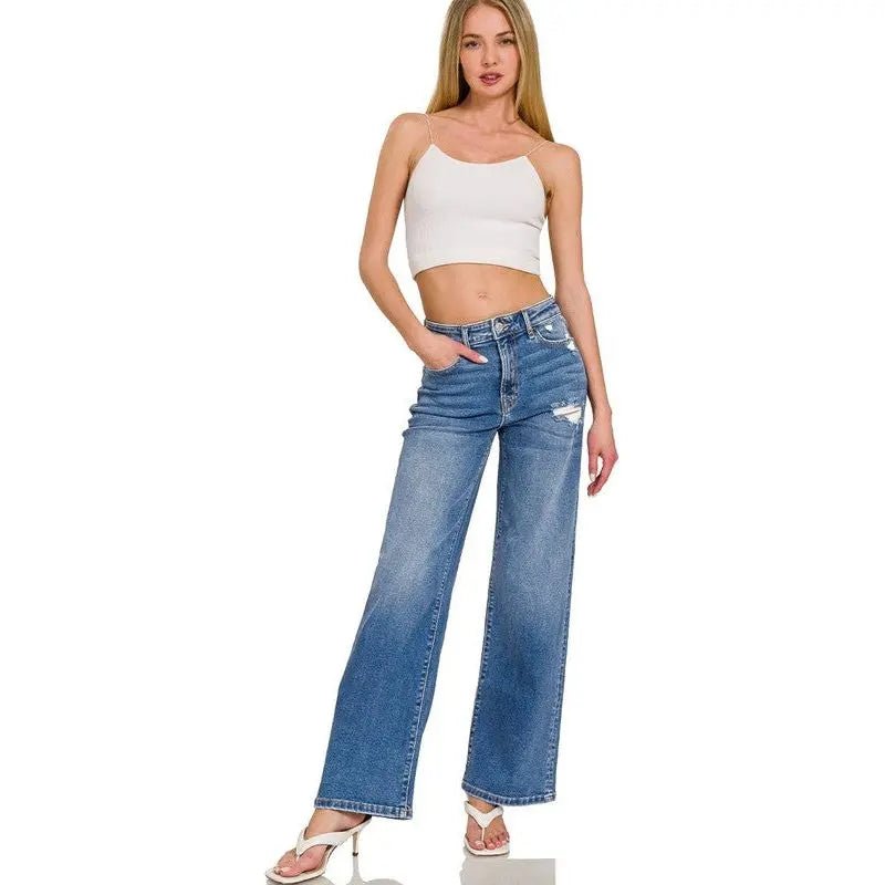 High Waist Straight Leg Medium Wash Jeans - LECCE