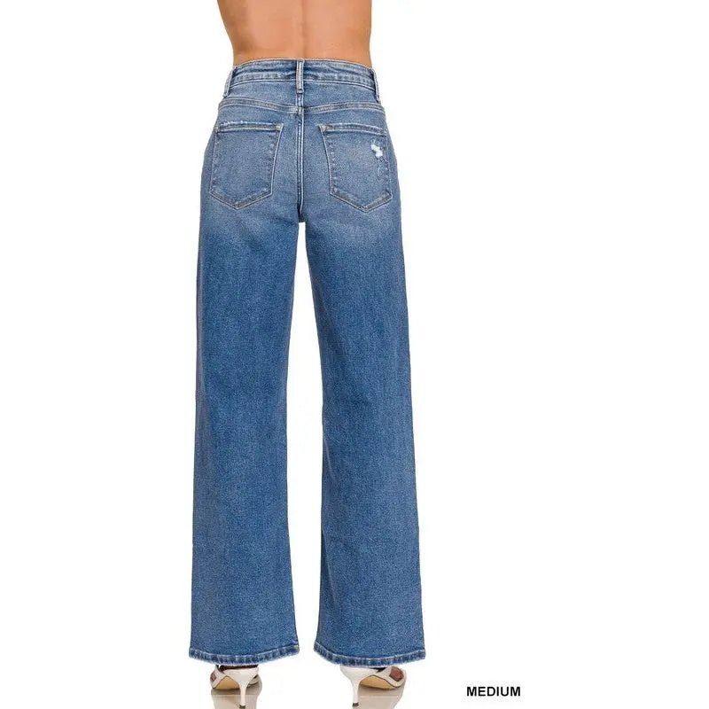 High Waist Straight Leg Medium Wash Jeans - LECCE