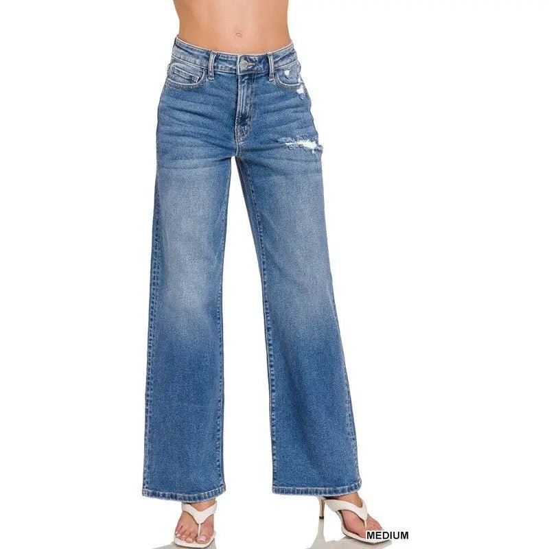 High Waist Straight Leg Medium Wash Jeans - LECCE