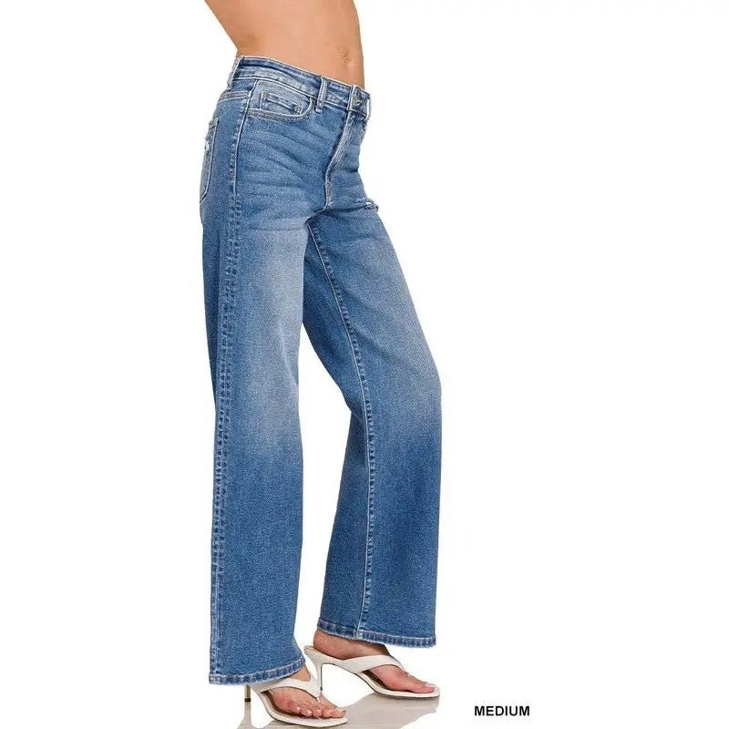 High Waist Straight Leg Medium Wash Jeans - LECCE