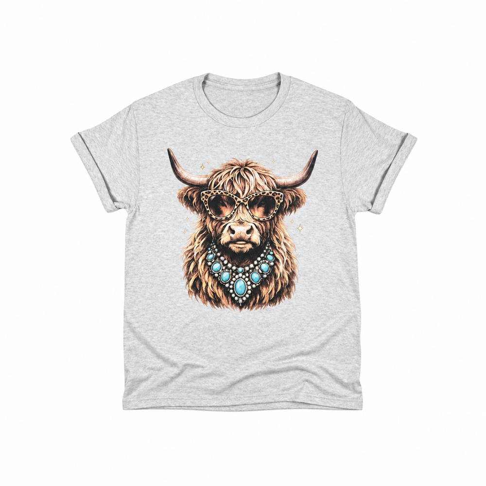 Highland Cow Leopard Sunglasses Graphic Tee centered smaller on pure white background
