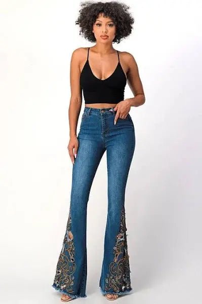 Hippie Vibe Embroidered Flare Denim Jeans - LECCE