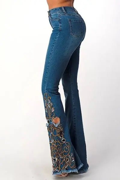Hippie Vibe Embroidered Flare Denim Jeans - LECCE