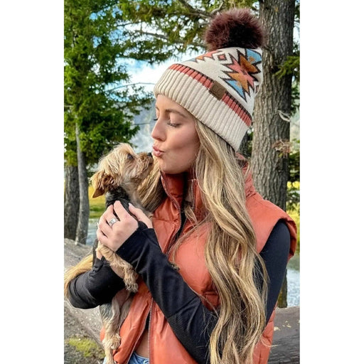 HTE0030 Penelope Southwest Pattern Pom Beanie - LECCE