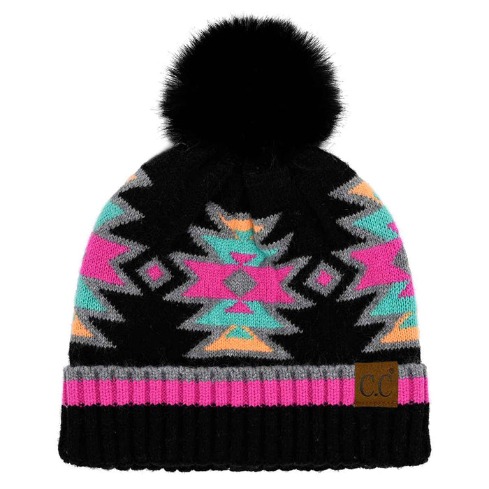 HTE0030 Penelope Southwest Pattern Pom Beanie - LECCE