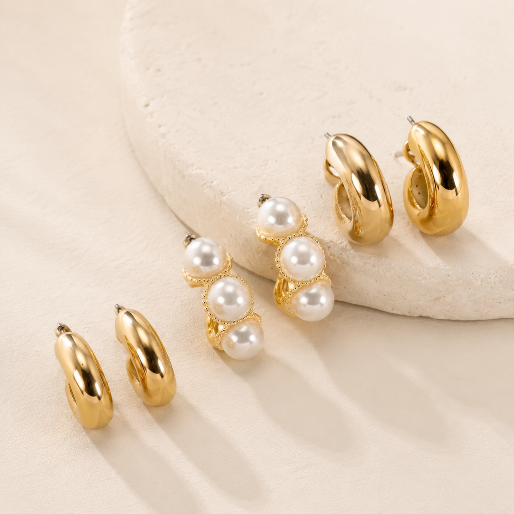 Huggie Pearl Gold Hoop Earrings Trio Set