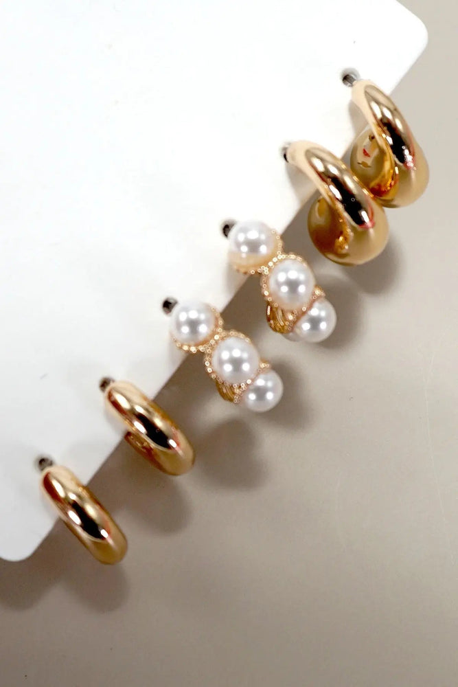 Huggie Pearl Gold Hoop Earrings Trio Set - LECCE