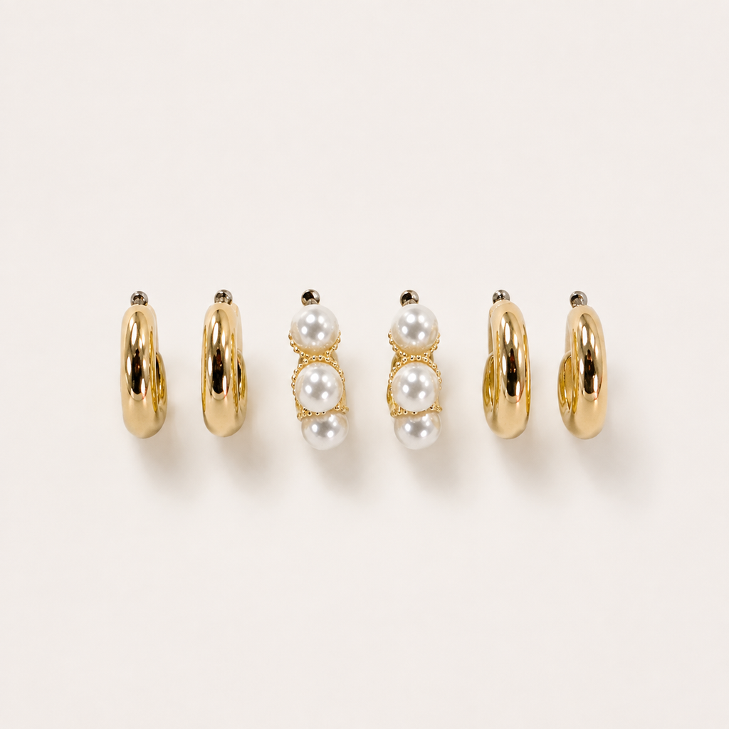 Huggie Pearl Gold Hoop Earrings Trio Set