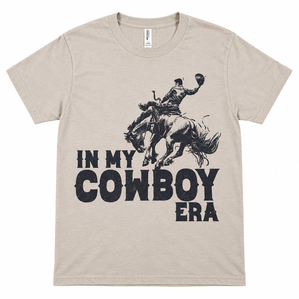 In my Cowboy Era T-shirt on white background