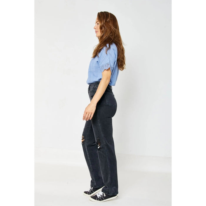 Judy Blue High Waist Rigid Magic 90's Knee Destroy Straight - LECCE