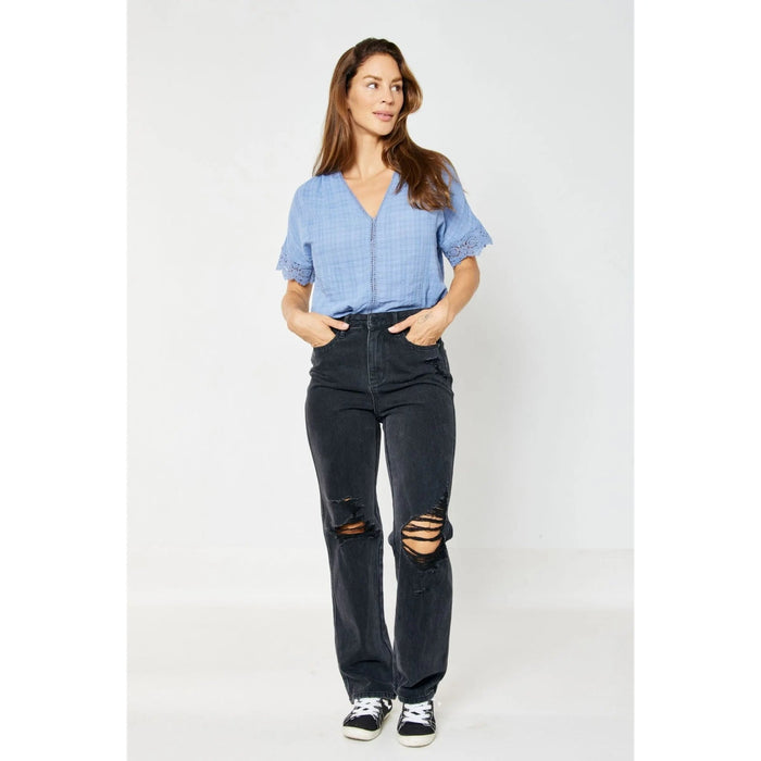 Judy Blue High Waist Rigid Magic 90's Knee Destroy Straight - LECCE
