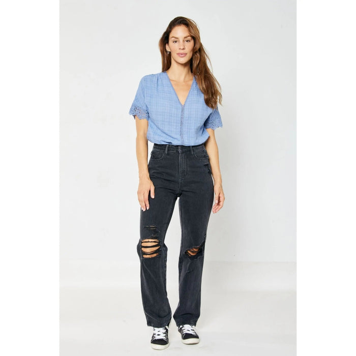 Judy Blue High Waist Rigid Magic 90's Knee Destroy Straight - LECCE