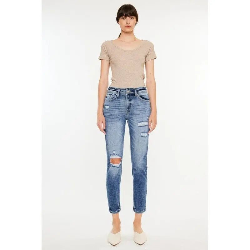 Kancan High Rise Distressed Mom Jeans - LECCE