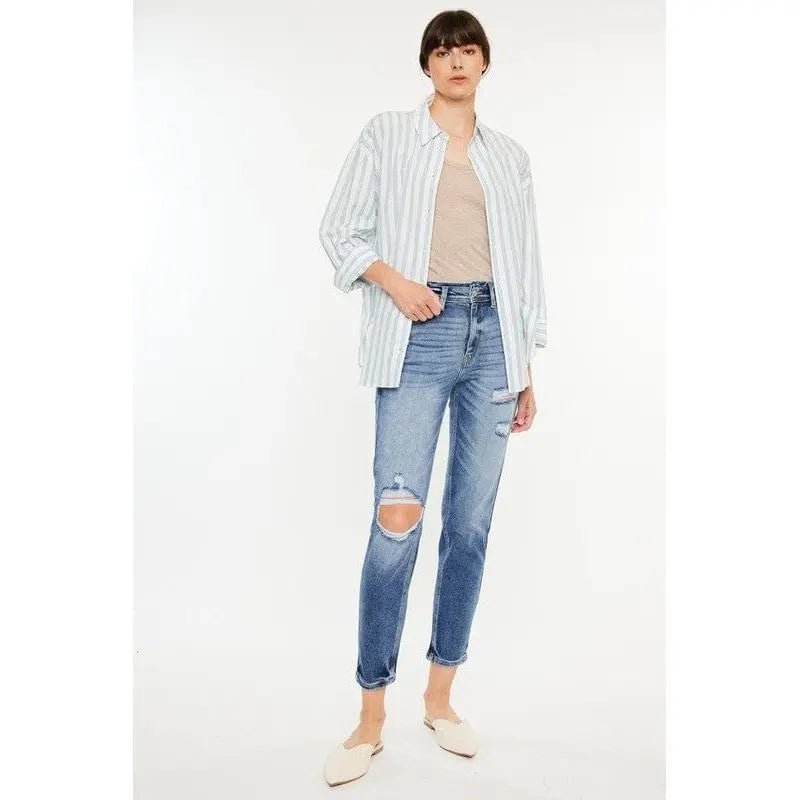 Kancan High Rise Distressed Mom Jeans - LECCE